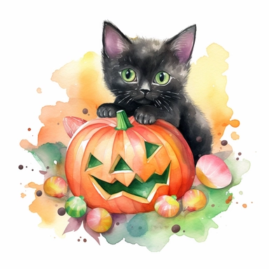 a large Halloween pumpkin, pumpkin is filled with colorful wrapped candies, lollipops, and candy corn, inside the pumpkin is a cute little black kitten with big green eyes, scattered candy is laying flat around the pumpkin, Halloween colors, magic, fantasy, watercolor, clipart style, white background with margins