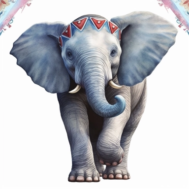 hand drawn dumbo the elephant, oversized ears that touch the floor, 1920’s circus, glamorous, very detailed and realistic, watercolor, clipart style, white background with margins