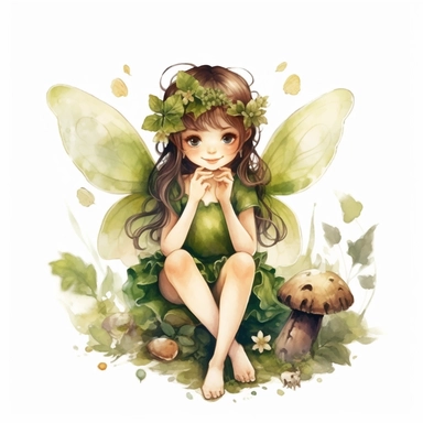 cute adorable forest fairy, green forest fairy, fairy with wings, fairy loves four leaf clovers, fairy is happy smiling, fairy is sitting in a flower garden,watercolour illustration, soft light, fairy forest, clipart