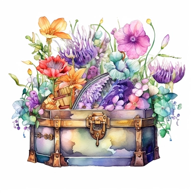 clipart, isolated on white background, Watercolor spring treasure chest with jewelry, detailed, beach, flowers and plants, ornated, vivid and vibrant and saturated colors