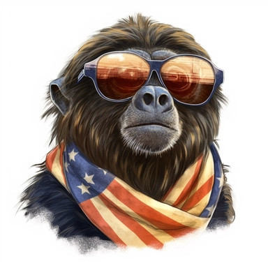 Howler monkey, wears American flag scarf and sunglasses, closeups shot, low angle, watercolor style, hyper-realistic animal illustrations, 2d game art, quadratura, clipart, on white background,