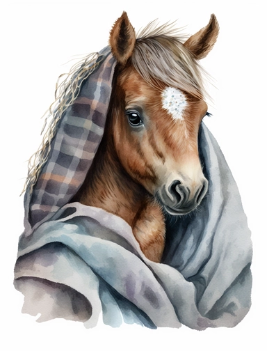 baby horse in a blanket, watercolor clipart, transparent background,