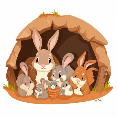 a cartoon clipart of A family of rabbits, including parents and baby bunnies, snuggling together in a cozy burrow