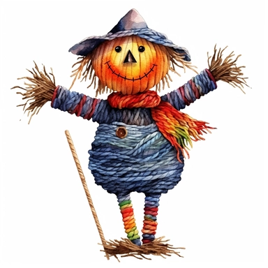 Halloween scarecrow, full color, knitted painting texture, Perfect for nursery art and children's book illustration style, simple, cute, full color, clipart, watercolor illustration, single object, high definition 8k,white background for removing background - - no text shadow font watermark