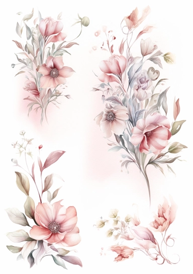 multiple floral floral ornaments clipart are shown on a white background, in the style of delicate washes, soft femininity, southern countryside, high resolution, flowing fabrics, lovely, delicate touch