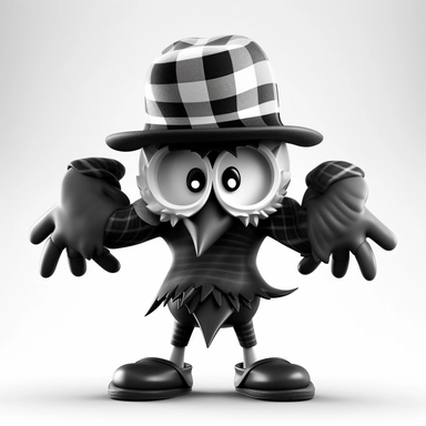 please create pixar style black and white character clipart of an owl dressed like a rapper, back view with arms flexing, hat and eyes in color