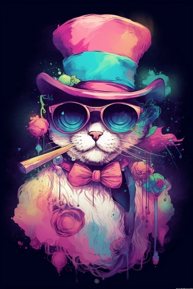 A detailed illustration a Skull of cat wearing expensive sunglasses and very cool, with gentleman hat, smoking cigar, t-shirt design, poker cards around his neck, jewlery on, t-shirt design, in the style of Studio Ghibli, pastel tetradic colors, 3D vector art, cute and quirky, fantasy art, watercolor effect, bokeh, Adobe Illustrator, hand-drawn, digital painting, highly detailed clean, vector image flat white background, isometric, vector image, clipart, front view, retro style, white background
