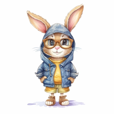 A detailed illustration of a very cute and friendly bunny with a big personality, , wearing clothes, Hand drawn watercolor clipart in the style of Nidhi Chanani on white background