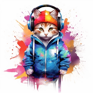 colorful cat art, full body, wearing cap and headphones, clipart, white background