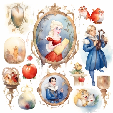 Watercolor snowwhite , illustrations clipart set, simple , cartoon elements, fairy tale theme and elements, different characters, handsome blonde prince, the huntsman, the evil queen, mirror, different variants , , separate elements with a margin