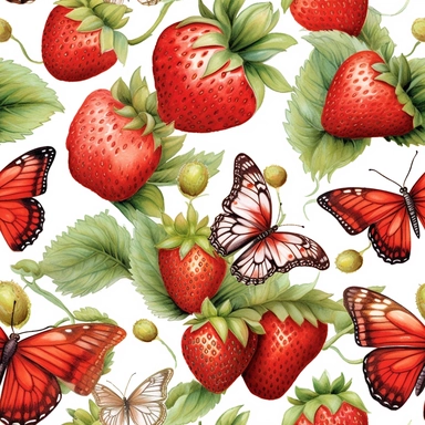 Seamless pattern watercolor art of strawberry butterfly theme, in the style of realistic and hyper - detailed renderings, sketchfab, ahmed morsi, realistic watercolor paintings, use of common materials, handcrafted designs clipart