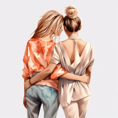 back view best friends hugging luxury fashion illustration clipart, png file, smooth skin, hyper realistic, transparent background,high detail, 8k