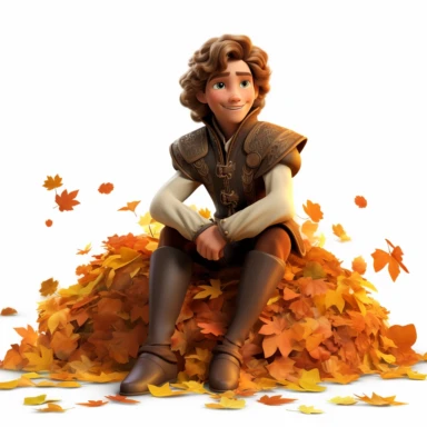 Prince Kit Charming from disney sitting on so many mapple leaves, smiling, halloween, full body image, pixar style, clipart, white background, fall scene, bright colors