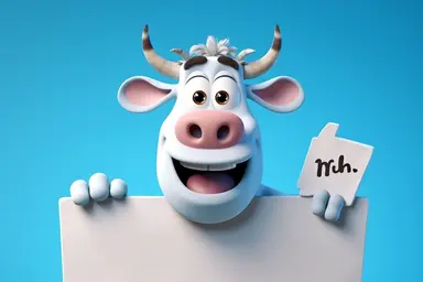 character cartoon cow with banner in clipart 3d image, in the style of unreal engine 5, natalia rak, movie still, matte photo, lightbox, relief, white and cyan