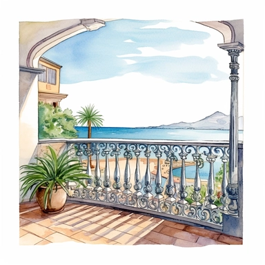 coastal view from a balcony , very detailed and realistic, watercolor, white background with margins, clipart style