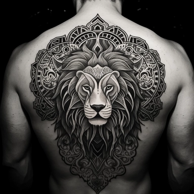 Design a majestic, black and white graphic tattoo that takes inspiration from the Persian 'shir-o-khorsheed' emblem. Feature a lion, standing fearless and calm, bathed in the glow of a radiant sun. The lion's features should be intricately detailed, a symbol of strength and authority. Ensure the sun's rays are bursting forth, giving the impression of a bright future and unfaltering optimism. Intertwine a Shamshir sword into the design, an emblem of courage and valor, perhaps held proudly by the 