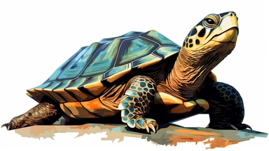 isolated flat clipart on a white background of a beautiful turtle, in the style of daniel f. gerhartz, close-up view, in the style of martin ansin, bruce timm, ralph bakshi, transcendent, nikon d850, art of burma, captures the essence of nature, in the style of organic forms and patterns, black green and dark navy, subtle ink landscapes, expansive skies, hyper-detailed illustrations, i can't believe how beautiful this is, lively colors