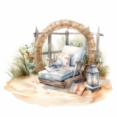 watercolor, clipart, one large beach reading nook in the style of realistic and hyper-detailed renderings, dreamy watercolor scenes, photo-realistic techniques , light-filled scenes, charming character illustrations, white background