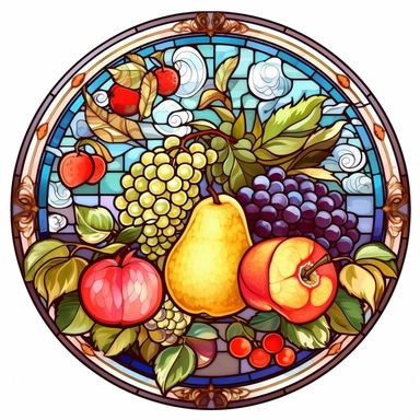 Vintage Cute Beautiful Round Stained Glass fruit Sublimation Clipart, Cartoon, hyper realistic, intricate detail, illustration style, high solution, on the white background