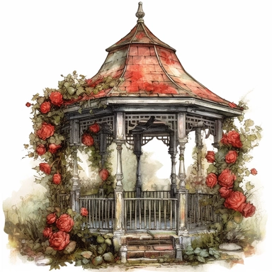 A beautifully weathered Victorian garden gazebo, its aged woodwork blending with the surrounding landscape. The worn details and faded colors evoke a sense of tranquility, and an abundance of vibrant red roses cascades down the gazebo, creating a breathtaking floral sanctuary. White background, clipart, watercolor, intricate detail.