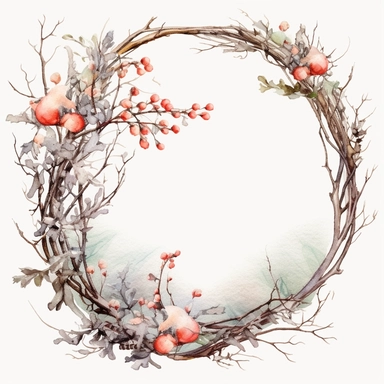 stunning christmas frame made of snowy branches , beautiful Christmas clipart, soft faded colors, beautiful watercolor art by Marjolein Bastin, Thomas Kinkade, Carl Larsson, Norman Rockwell, Susan Wheeler