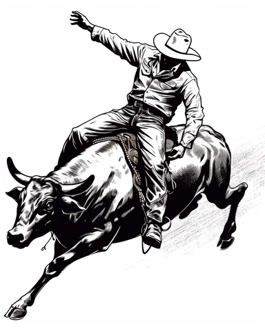 clip art illustration of a bull rider, 1 color black on white by Charles S Anderson Design Co,