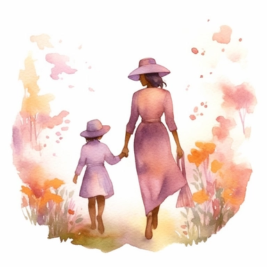 Mom and Me Watercolor, Clipart, High Res, Mother's Day, Mother's Love, waterpaint, fresh colors, happy, white backgroundm, simplified Art Nouveau, black person, walking ,enchanted forest, front to camera, version 4 style