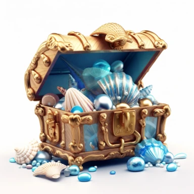 a treasure chest, brimming with untold riches, rests on the sandy ocean floor. The chest gleams with polished gold, adorned with intricate engravings that hint at ancient legends. , azure waters. Delicate seashells and shimmering pearls are scattered nearby, clipart, white background