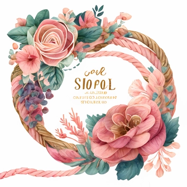 highly detailed and intricate watercolor boho coiled nautical rope clipart with beautiful flowers, pink soft hues, white background