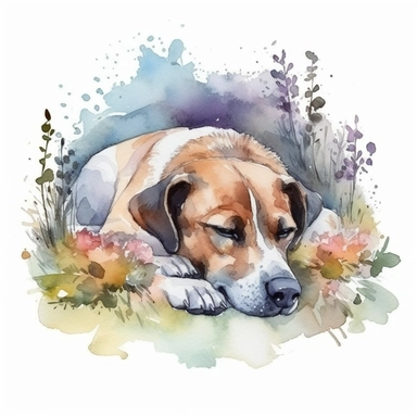 Lazy Dog Sleeping in garden over Flowers and Leaves ,Isolated,Watercolor Clipart