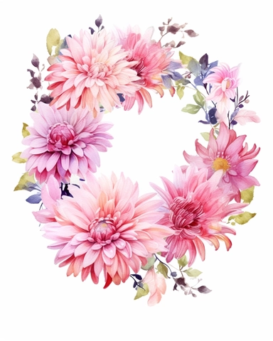 detailed vibrant watercolor attractive pink aster flower wreath with very wide middle white space , isolated on white background, realistic, clipart