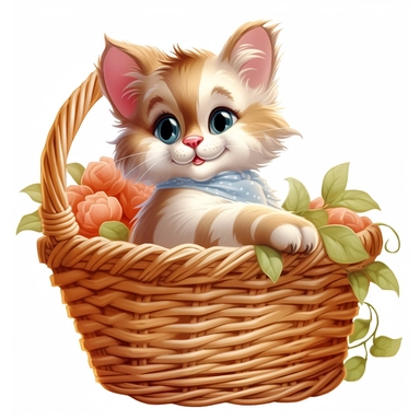 clipart, cute cat in basket, classic disney, no text