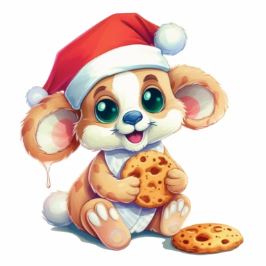 clipart digital svg cartoon of cute and cheeky mouse with a Christmas hat, stealing cookies left out for Santa, on a white background