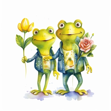 two lovely green frog with long arms and legs in yellow shirt with hearts, frog with bouquet of flowers, simple style, watercolor, clipart style, white background