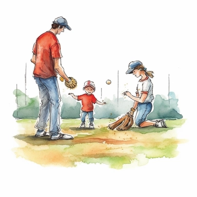 dad playing baseball with the kids in the backyard, clip art, watercolor style--q2--v5.1--s1000