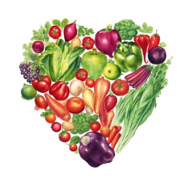 watercolor fresh vegetables in heart shape, in the style of elizabeth gadd, green and crimson, raw energy, spot metering, mundane materials, daniel garber, kurzgesagt Clipart desert cartoon t-shirt graphic, vector, contour, isolated on a white background