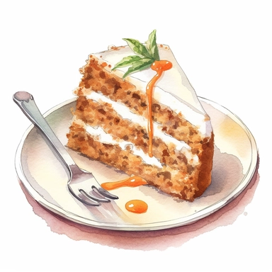 carrot cake on the plate, loocks yummy, silver spoon, watercolor-style, soft pastel, cinematic, romantic, detailed, illustration, white background, clipart, no watermark, no logo, no text,
