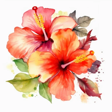 Watercolor Tropical Hibiscus Clipart by Thomas W. Schallerof: A vibrant and exotic design featuring tropical hibiscus flowers in shades of pink, orange, and red on a white background. The flowers are different-size and bold, while the leaves are thick and tropical, creating a lively and festive composition