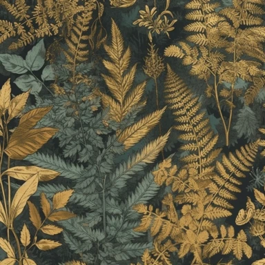 An enchanting fabric design inspired by antique herbariums, featuring meticulously arranged pressed ferns, leaves, and delicate blossoms. Ideal for adding a touch of vintage elegance to clothing and home decor. Antique-style clipart for fabric prints. HD quality.