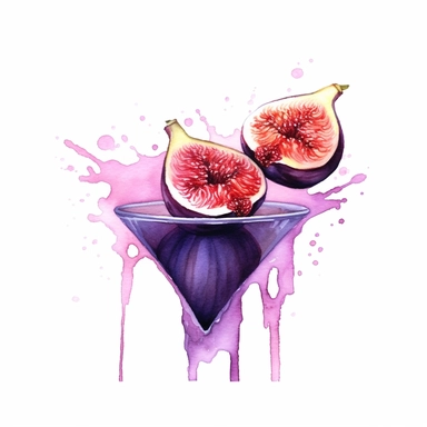 A unique and decorative watercolor illustration of a fig juice clipart, set against a pristine white background. The fig juice is depicted in a vibrant and inviting manner, with rich purple tones highlighting its luscious texture. The illustration showcases the fig juice pouring into a delicate glass, capturing the fluidity and movement of the liquid. Intricate details are added to the figs, featuring their distinct shape, texture, and tiny seeds. The white background accentuates the elegance an