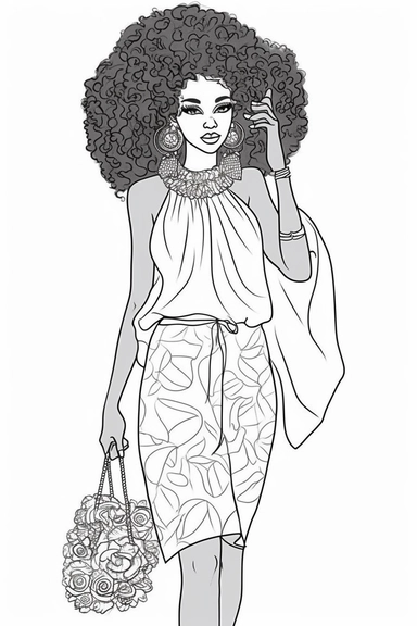 Coloring pages for adults, clean lines, beautiful african american women, afro, one flower in hair, clipart, fashion, full body, purse, heels, pantss, skirts,, necklace, shirt, handbag, boss