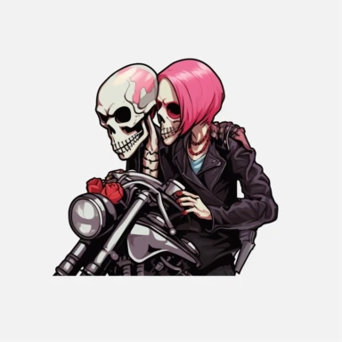 side view of two skull head motorcyclists one being a woman the other a man and looking like they were just married with cans being pulled by bike riding a harley clipart
