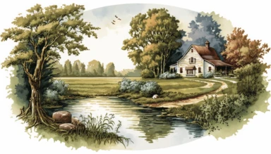 Beautiful landscape scene in Indiana. highly detailed watercolor clipart.
