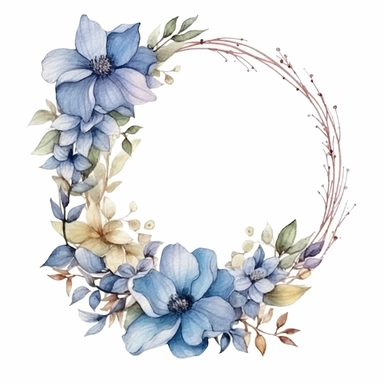 watercolor clipart of a empty suttle dainty floral oval frame surrounded by dusty blue color flowers. Capture the essence of blooming beauty and intricate details in your artwork, white background