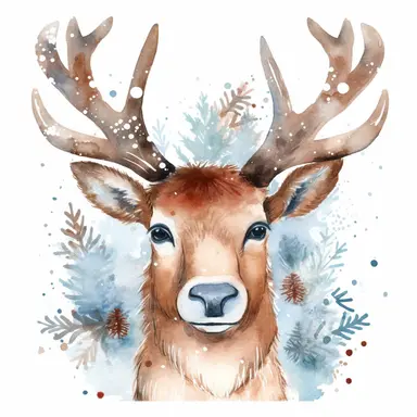watercolor clipart of a cute reindeer, sparkles, cosy winter wonderland vibes, isolated on white background