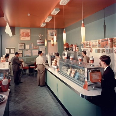 weirdcore,1940's ice cream parlor interior clean and tidy, clipart of ice cream scoops, interior walls are dark blue gray, coat hooks can be seen near the front door, several with black jackets hanging on them, wall covered with posters, printed With the slogan of Hedonic Wars, the store lobby is very spacious, with a large number of tables and velvet chairs. These seats have compartments. Handle, this door is tightly barred and guarded,threshold space,loneliness,asymmetri,lonely,gloomy,nightcor