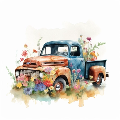an awe-inspiring original clipart image that seamlessly blends the charm of vintage aesthetics with the vibrant beauty of wildflowers--a captivating scene where a vintage truck serves as the perfect backdrop for a stunning display of blooming flora. This high-quality artwork, meticulously crafted in the watercolor medium, combines intricate detail, a carefully curated color palette, and a touch of nostalgia to create a truly captivating composition. At the center of this extraordinary clipart, a