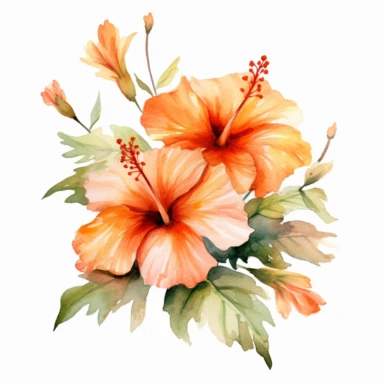 Orange hibiscus watercolor clipart, minimalist, bright colors, isolated white background, 8k