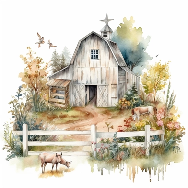 pretty white painted barn clipart, painted white, pretty charming farmyard setting with plants trees and farm accessories, fence, detailed watercolor illustration, light color palette, farmyard accessories, isolated on white background