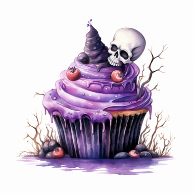 delicious halloween cupcake with grave stones , watercolour illustration clipart, extremely detailed, 4k, high quality, colour scheme black, silver and purple , isolated on white background